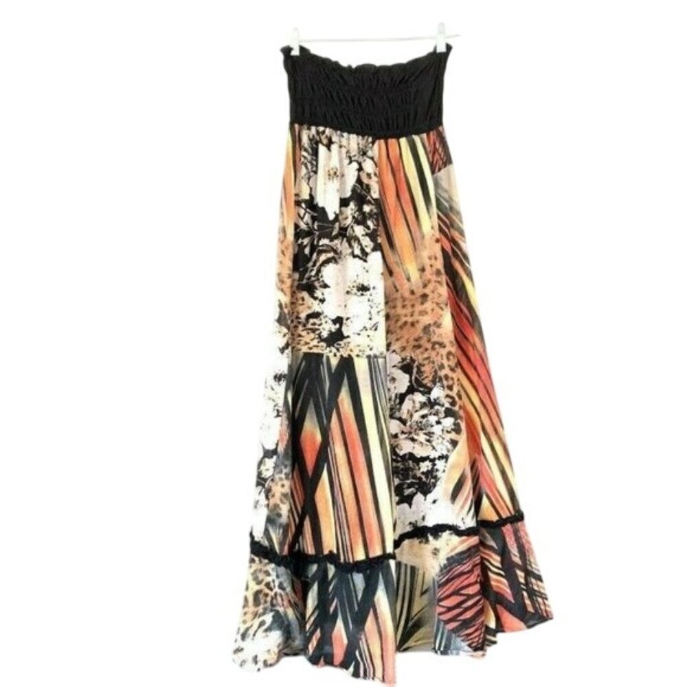 Alysi Strapless Boho Maxi Dress Size 6 Smocked Bodice Silk Patchwork Design